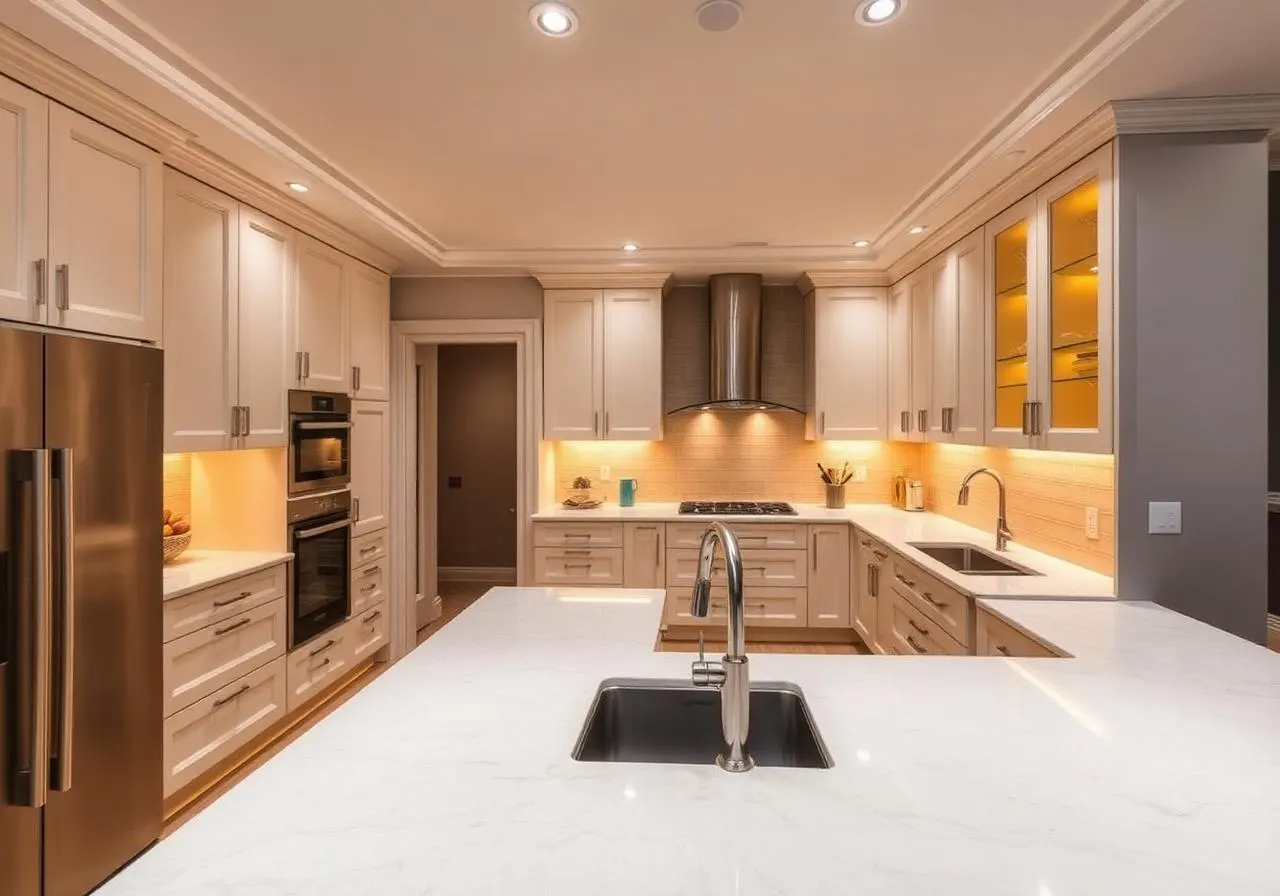 Modern residential kitchen with clean professional lighting installation